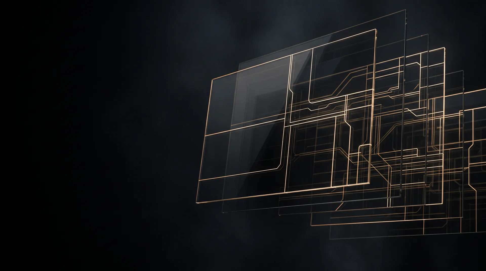 Transparente Glasebenen mit goldenen Linien als Sinnbild einer Softwarearchitektur